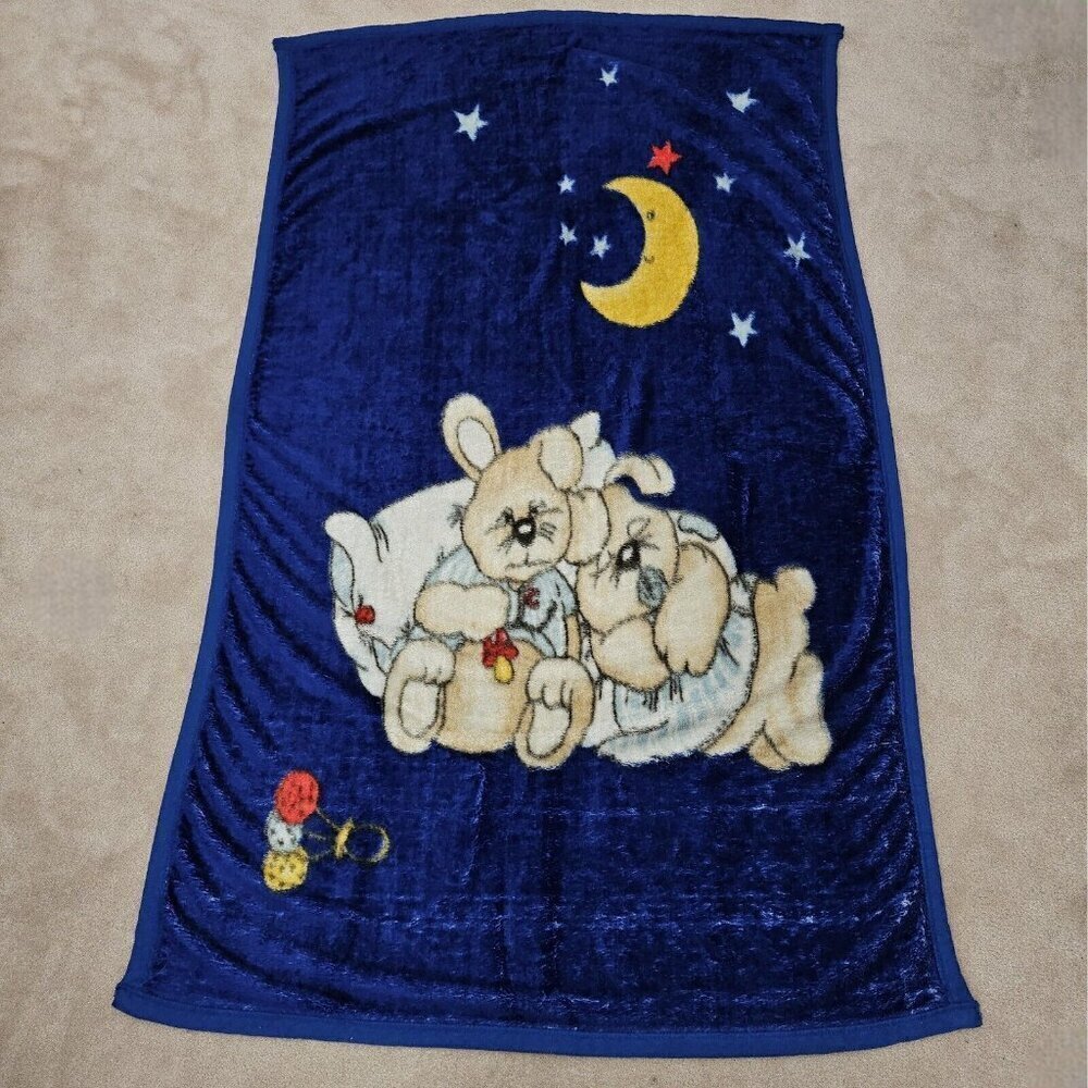 VTG Blue Blanket Sleeping Bunny Rabbits Moon Stars Rattle Acrylic Manterol? READ